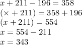 x + 211 - 196 = 358 \\ ( \times + 211) = 358 + 196 \\ (x + 211) = 554 \\ x = 554 - 211 \\ x = 343