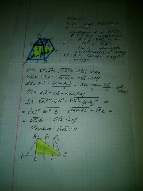 Стороны оснований правильной четырехугольной усеченной пирамиды равны 4 см и 8 см, а диагональ - 12