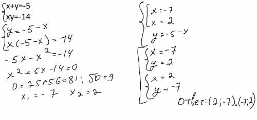 Решите систему уравнений x+y=-5 xy=-14