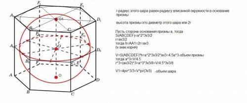 Вправильную шестиугольную призму объем которой равен v вписан шар. найти объем этого шара