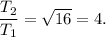 \dfrac{T_2}{T_1} = \sqrt{16} = 4.