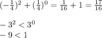 (-\frac{1}{4} )^2+(\frac{1}{4} )^0=\frac{1}{16} +1 = \frac{17}{16} \\\\-3^2