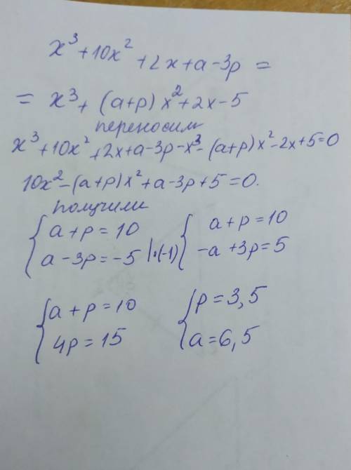 При каких значениях a и p равны мночлены p(x) и k(x). p(x) =-x^3+10x^2+2x+a-3p k(x)=x^3+(a+p)x^2+2x-