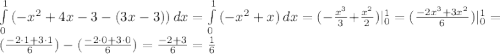 \int\limits^1_0 {(-x^2+4x-3-(3x-3))} \, dx =\int\limits^1_0 {(-x^2+x)} \, dx=(-\frac{x^3}{3}+\frac{x^2}{2})|^1_0=(\frac{-2x^3+3x^2}{6})|^1_0=(\frac{-2\cdot1+3\cdot1}{6})-(\frac{-2\cdot0+3\cdot0}{6})=\frac{-2+3}{6}=\frac{1}{6}