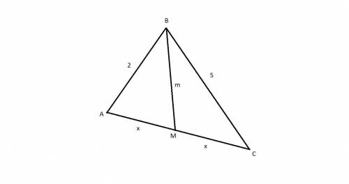 Длины двух сторон треугольника равны 2 и 5. докажите, что медиана, проведенная к третьей его стороне