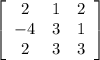 \left[\begin{array}{ccc}2&1&2\\-4&3&1\\2&3&3\end{array}\right]