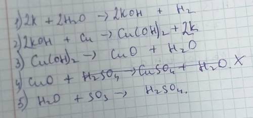 Осуществить ряд последовательных превращений , указать типы реакций k→koh→cu(oh)₂→cuo→h₂o→h₂so₄