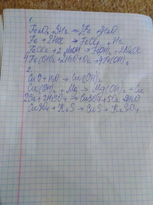 1. fe2o3 -> fe -> fecl2 -> fe(oh)2 -> fe(oh)3.2. cuo -> cu(oh)2 -> cu -> cuso4