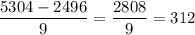 \dfrac{5304-2496}{9}=\dfrac{2808}{9}=312