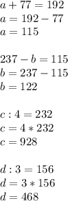 a+77=192\\a=192-77\\a=115\\\\237-b=115\\b=237-115\\b=122\\\\c:4=232\\c=4*232\\c=928\\\\d:3=156\\d=3*156\\d=468