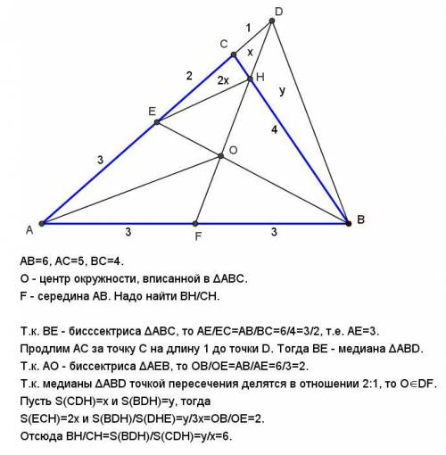 Стороны треугольника равны 4, 5 и 6. через середину его большей стороны и центр вписанной окружности