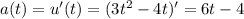 a(t)=u'(t)=(3t^2-4t)'=6t-4