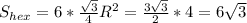 S_{hex}=6*\frac{\sqrt{3}}{4}R^{2}=\frac{3\sqrt{3} }{2}*4=6\sqrt{3}