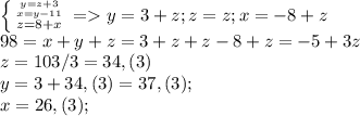 \left \{ {{y=z+3} \atop {x=y-11}} \atop{z=8+x \right. = y=3+z; z=z; x=-8+z\\98=x+y+z=3+z+z-8+z=-5+3z\\z=103/3=34,(3)\\y=3+34,(3)=37,(3);\\x=26,(3);\\