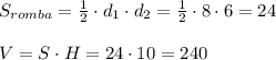 S_{romba}=\frac{1}{2}\cdot d_1\cdot d_2=\frac{1}{2}\cdot 8\cdot 6=24\\\\V=S\cdot H=24\cdot 10=240