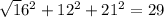 \sqrt 16^{2} +12^{2} +21^{2} =29