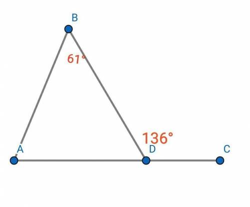 ∠BCD – один из внешних углов треугольника равен 136°, а B – один из углов треугольника, не смежный с
