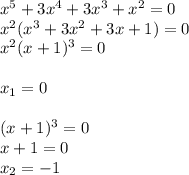 x^5+3x^4+3x^3+x^2=0\\x^2(x^3+3x^2+3x+1)=0\\x^2(x+1)^3=0\\\\x_1=0\\\\(x+1)^3=0\\x+1=0\\x_2=-1