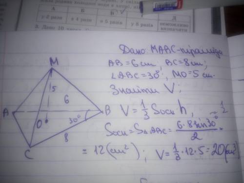 Основою піраміди є трикутнтк АВС,АВ=6см,ВС=8см,<АВС=30°,її висота =5см.Знайти обєм піраміди? з ма