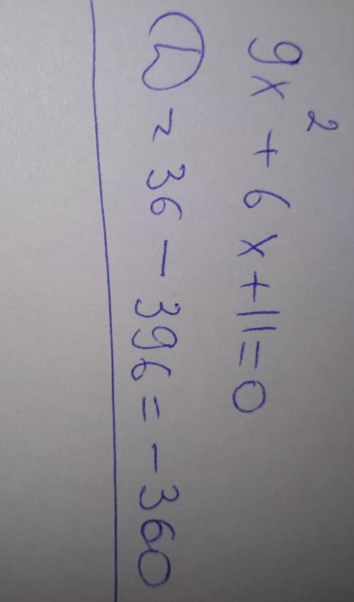 Найди дискриминант квадратного уравнения 9x2+6x+11=0 .