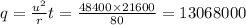 q = \frac{ {u}^{2} }{r} t = \frac{48400 \times 21600}{80} = 13068000