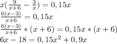 x(\frac{9}{x+6}-\frac{3}{x})=0,15x\\\frac{6(x-3)}{x+6}=0,15x\\\frac{6(x-3)}{x+6}*(x+6)=0,15x*(x+6)\\6x-18=0,15x^{2}+0,9x