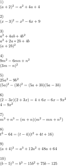 1)\\(a+2)^2=a^2+4a+4\\\\2)\\(x-3)^2=x^2-6x+9\\\\3)\\a^2+4ab+4b^2\\a^2+2a*2b+4b\\(a+2b)^2\\\\4)\\9m^2-6mn+n^2\\(3m-n)^2\\\\5)\\25a^2-9b^2\\(5a)^2-(3b)^2=(5a+3b)(5a-3b)\\\\6)\\(2-3x)(2+3x)=4+6x-6x-9x^2\\4-9x^2\\\\7)\\m^3+n^3=(m+n)(m^2-mn+n^2)\\\\8)\\t^3-64=(t-4)(t^2+4t+16)\\\\9)\\(a+4)^3=a^3+12a^2+48a+64\\\\10)\\(b-5)^3=b^3-15b^2+75b-125