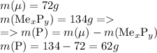 m(Ме) = 72g \: \\ m( \text {Me}_x \text{P}_y) = 134g = \\ = m\text{(P)} = m(Ме) - m( \text {Me}_x \text{P}_y) \\ m\text{(P)} = 134 - 72 = 62g