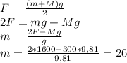 F=\frac{(m+M)g}{2}\\2F=mg+Mg\\m=\frac{2F-Mg}{g} \\m=\frac{2*1600-300*9,81}{9,81}=26