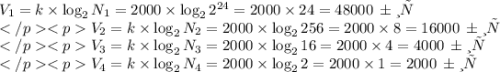 V_1 = k\times \log_2 N_1=2000 \times \log_2 2^{24}=2000 \times 24 = 48000 \: бит\\V_2 = k\times \log_2 N_2=2000 \times \log_2 256=2000 \times 8 = 16000 \: бит\\V_3 = k\times \log_2 N_3=2000 \times \log_2 16=2000 \times 4 = 4000 \: бит\\V_4 = k\times \log_2 N_4=2000 \times \log_2 2=2000 \times 1 = 2000 \: бит