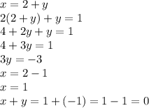 x = 2 + y \\ 2(2 + y) + y = 1 \\ 4 + 2y + y = 1 \\ 4 + 3y = 1 \\ 3y = - 3 \\ x = 2 - 1 \\ x = 1 \\ x + y = 1 + ( - 1) = 1 - 1 = 0
