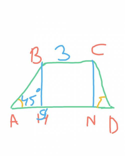В равнобедренной трапеции основания равны 3 и 9, а один из углов между боковой стороной и основанием