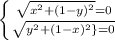 \left \{ {{{\sqrt{x^{2}+(1-y)^{2}}=0 \atop {\sqrt{y^{2}+(1-x)^{2}\}=0 \right.