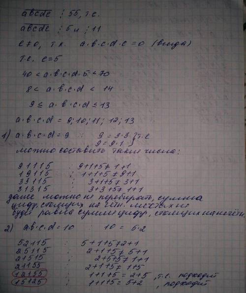 Найдите наименьшее пятизначное число, кратное 55, произведение цифр которого больше 50, но меньше 75