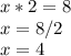 x*2=8\\x=8/2\\x=4