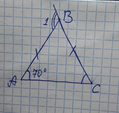 В треугольнике ABC AB равно BC угол A равен 70 градусов Найдите внешний угол при вершине B желательн