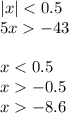 |x| < 0.5 \\ 5x - 43 \\ \\ x < 0.5 \\ x - 0.5 \\ x - 8.6