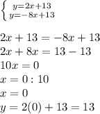 \left \{ {{y=2x+13} \atop {y=-8x+13}} \right. \\\\2x+13=-8x+13\\2x+8x=13-13\\10x=0\\x=0:10\\x=0\\y=2(0)+13=13\\