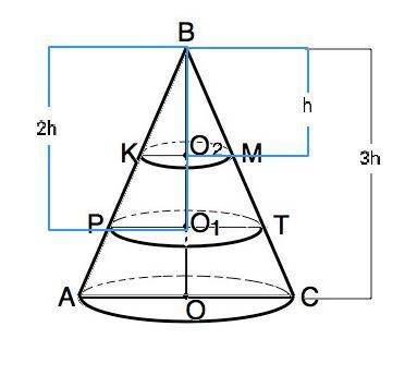 Высота конуса разделена на 3 равные части и через точки деления проведены плоскости, параллельные ос