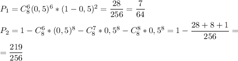 P_1 = C_8^6(0,5)^6*(1-0,5)^2=\dfrac{28}{256} =\dfrac{7}{64}\\\\P_2=1-C_8^6*(0,5)^8-C_8^7*0,5^8-C_8^8*0,5^8=1-\dfrac{28+8+1}{256} =\\\\=\dfrac{219}{256}