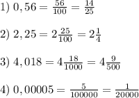 1) \; 0,56 = \frac{56}{100} = \frac{14}{25} \\\\ 2) \; 2,25 = 2 \frac{25}{100} = 2 \frac{1}{4} \\\\ 3) \; 4,018 = 4 \frac{18}{1000} = 4 \frac{9}{500} \\\\ 4) \; 0,00005 = \frac{5}{100000} = \frac{1}{20000}