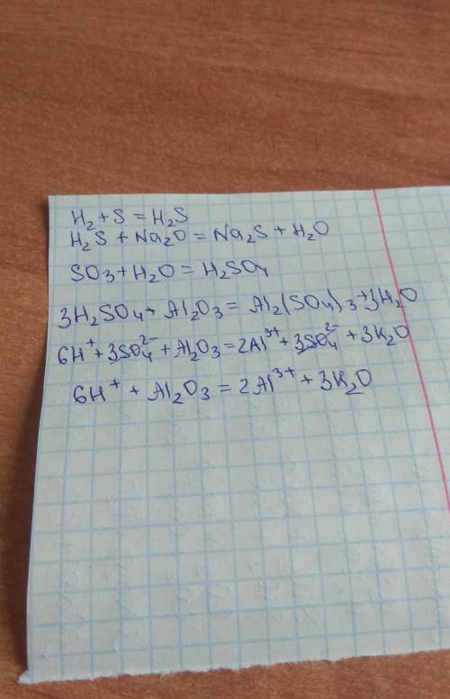 Напишите уравнения реакций, с которых можно осуществить следующие превращения S-H2S-H2O-H2SO4-AL2(SO