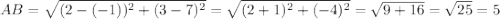 AB=\sqrt{(2-(-1))^{2}+(3-7)^{2}} =\sqrt{(2+1)^{2}+(-4)^{2}}=\sqrt{9+16}=\sqrt{25}=5