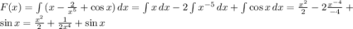 F(x) = \int {(x-\frac{2}{x^5} + \cos x)} \, dx = \int {x} \, dx - 2\int {x^{-5}}} \, dx + \int {\cos x} \, dx = \frac{x^2}{2} - 2 \frac{x^{-4}}{-4} + \sin x = \frac{x^2}{2} + \frac{1}{2x^4} + \sin x