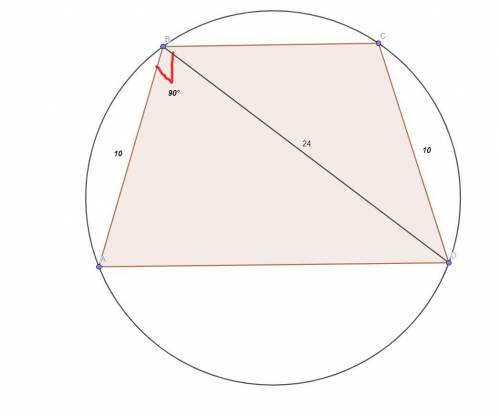 диагональ и бічна сторона ривнобичнои трапеции перпендикулярны та доривнюють 24 см и 10 см. Найди до