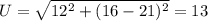 U=\sqrt{12^{2}+(16-21)^{2} }=13 В