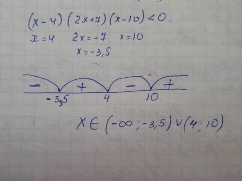 5. Решите неравенство (х – 4) (2x +7)(х – 10) <0 методоминтервалов.​