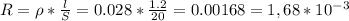 R=\rho*\frac{l}{S} =0.028*\frac{1.2}{20} =0.00168=1,68*10^{-3}