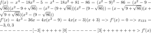 f(x) = x^4 - 18x^2 - 5 = x^4 - 18x^2 + 81 - 86 = (x^2-9)^2 - 86 = (x^2-9-\sqrt{86})(x^2-9+\sqrt{86}) = (x^2-(9+\sqrt{86}))(x^2-(9-\sqrt{86})) = (x-\sqrt{9+\sqrt{86}})(x+\sqrt{9+\sqrt{86}})(x^2-(9-\sqrt{86}))\\f'(x) = 4x^3 - 36x = 4x(x^2-9) = 4x(x-3)(x+3) = f'(x) = 0 = x_1_2_3 = -3, 0,3\\--------[-3]+++++[0]-------[3]++++++++f'(x)