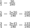 \frac{1}{5}=\frac{36}{180}\\ \\ \frac{5}{9}= \frac{5*20}{180}=\frac{100}{180}\\ \\ \frac{3}{4}= \frac{3*45}{180}=\frac{135}{180}
